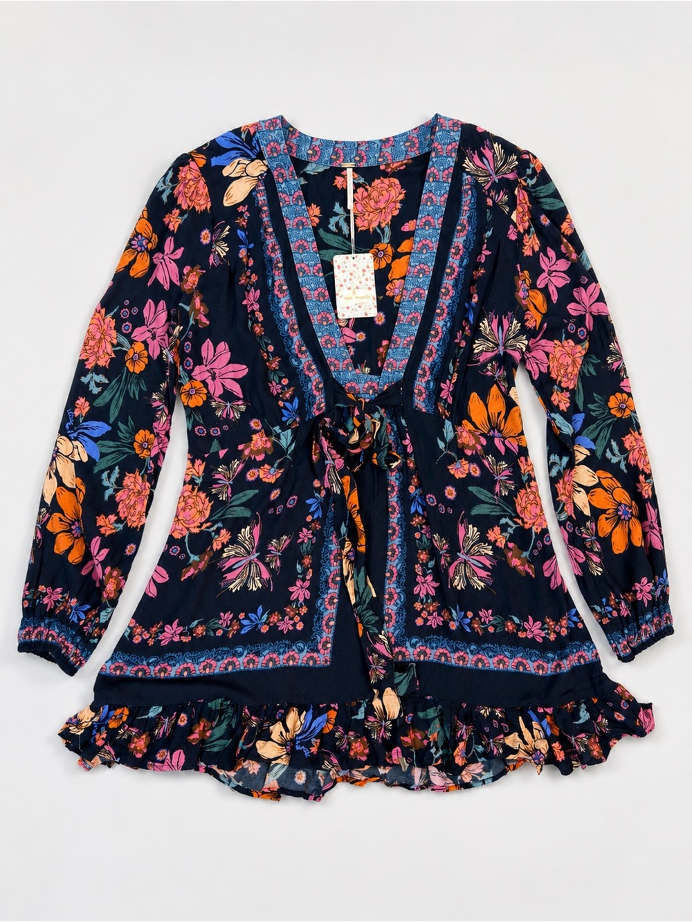 Free People Floral Print Deep V Tunic Top Black Boho Size 10 NWT